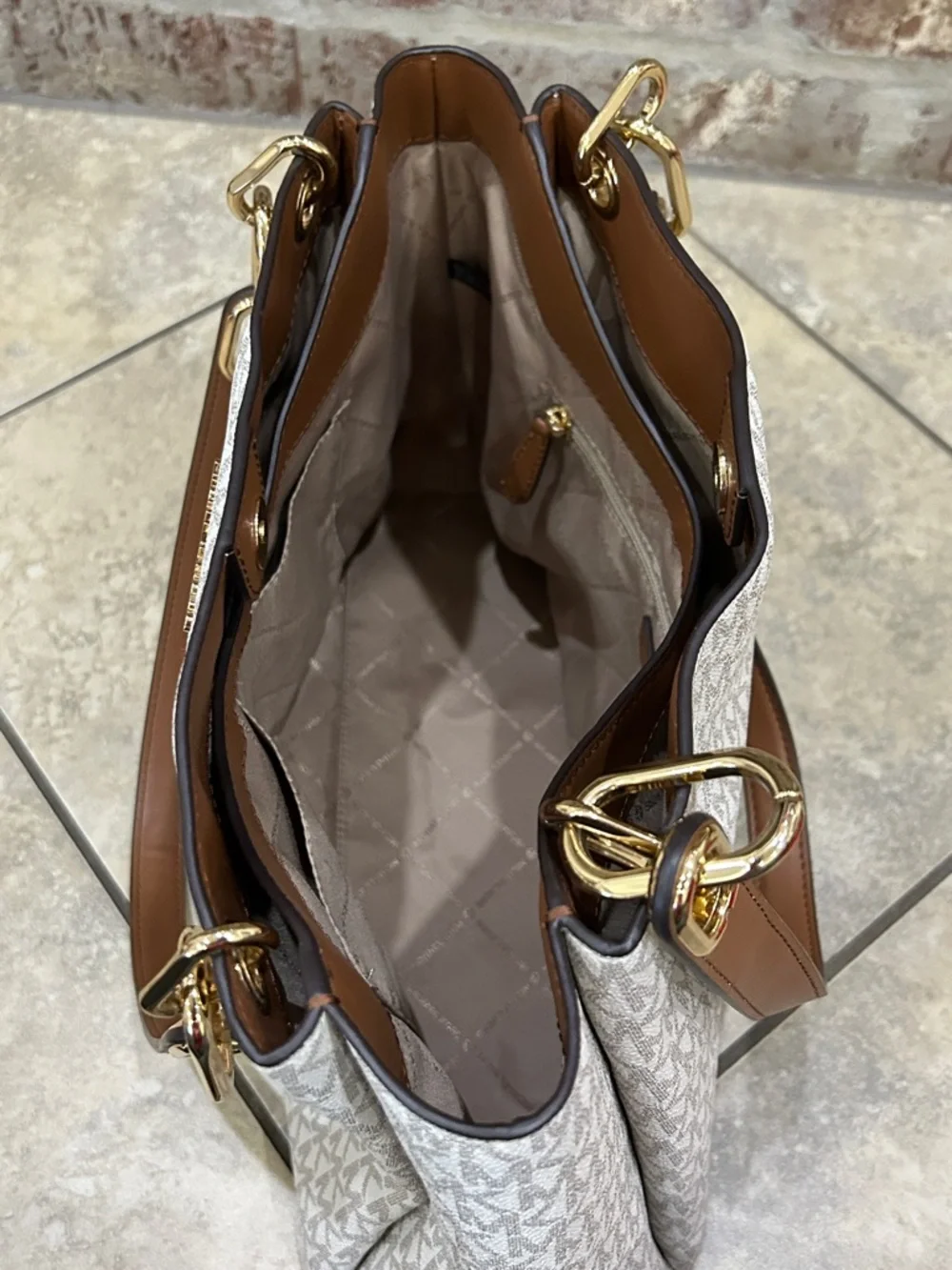 Michael Kors Cream and Brown Logo-Print Tote with Gold Hardware - Picture 6 of 11